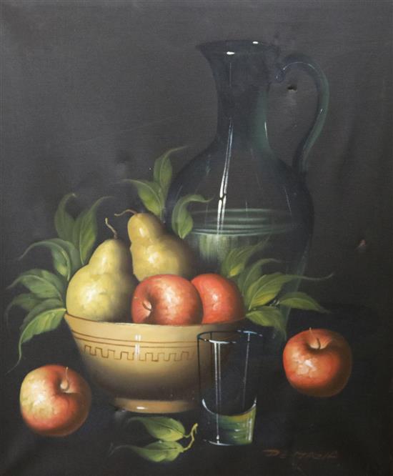 Still life of fruit, jug and glass